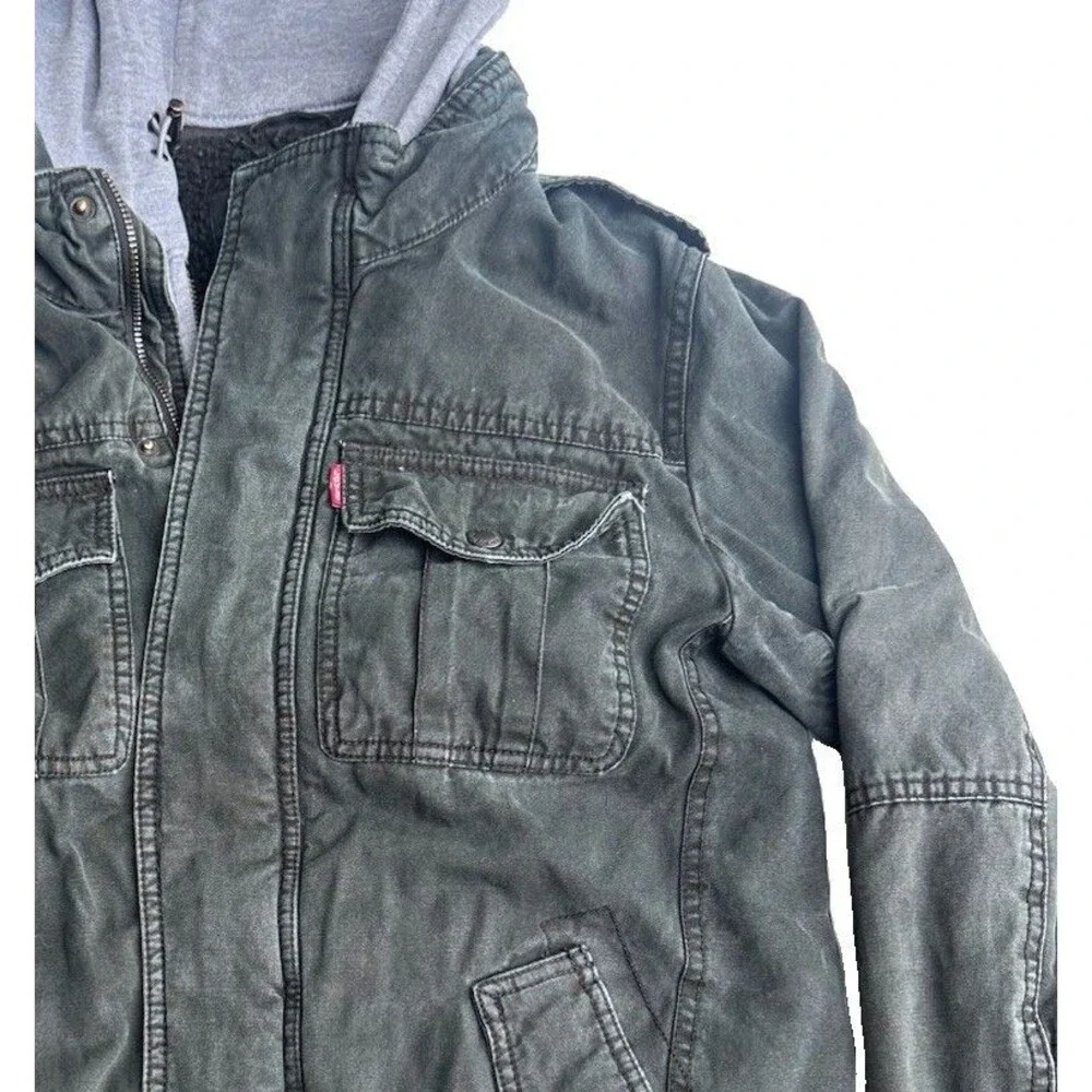 Levi Strauss & Co Mens Hooded Lined Military Jacket Full Zip Snap XS olive Green